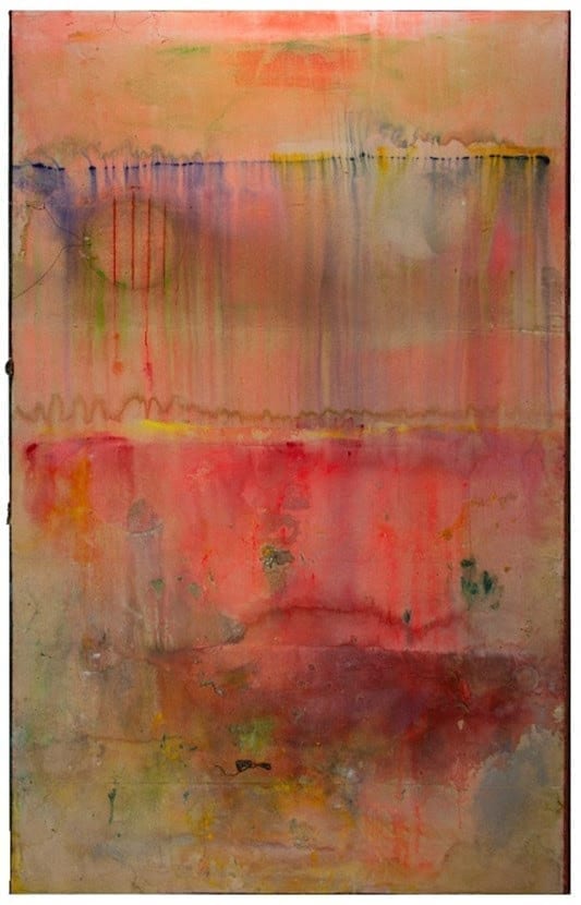 Frank Bowling, Watermelon Bight, 2020, Acrylic on Canvas, 185.4 x 297.2 cm, courtesy Frank Bowling Studio, currently on display in the Royal Academy Summer Exhibition.